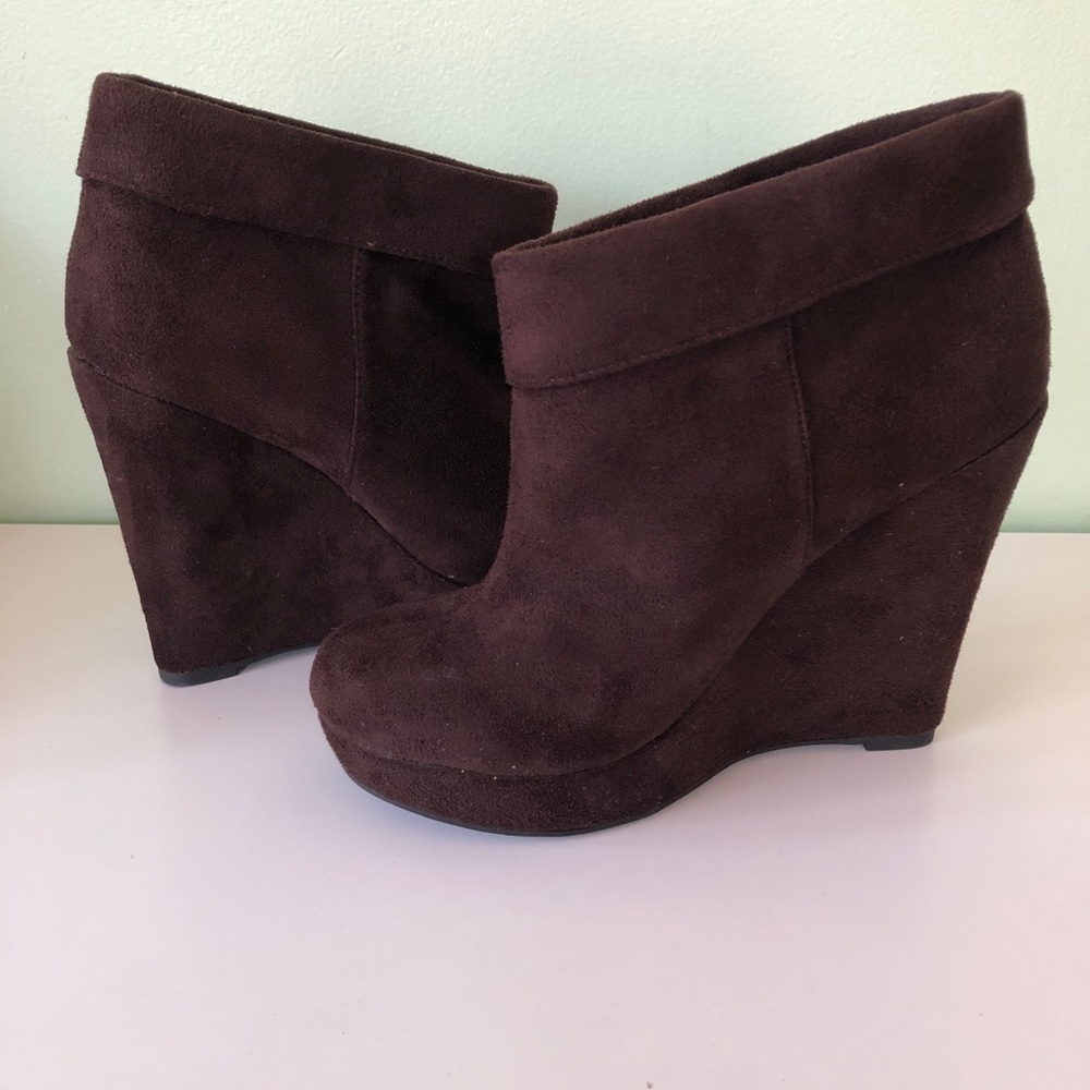Brown Faux Suede Wedge Booties